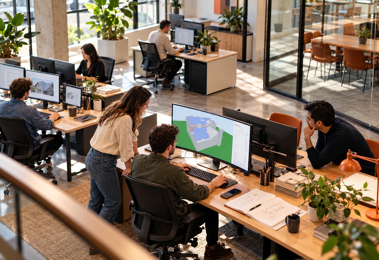 BotOnPlot team working in an office with 3D roof measurements displayed on a monitor