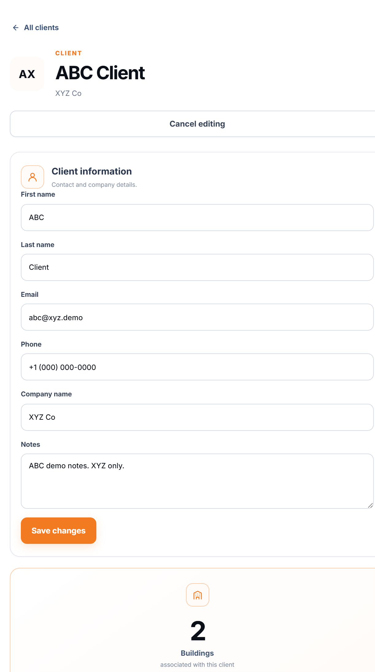 BotOnPlot client edit form showing contact details, company, notes, save button, and linked building count