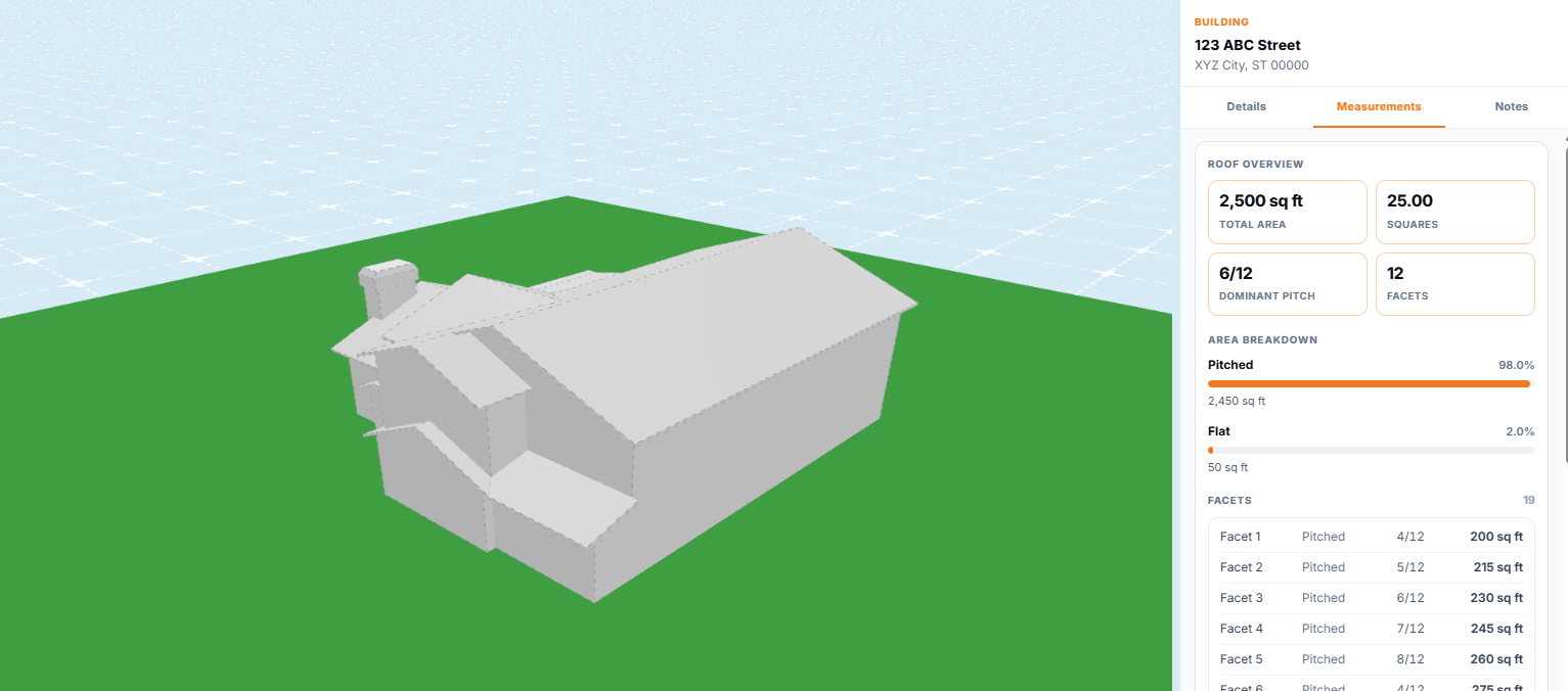 BotOnPlot 3D viewer showing measured roof edges and totals in the measurements sidebar