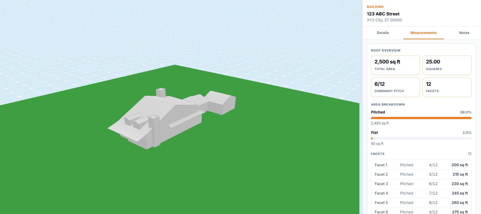 Building model with measured roof areas and edge lengths labeled directly on the surfaces