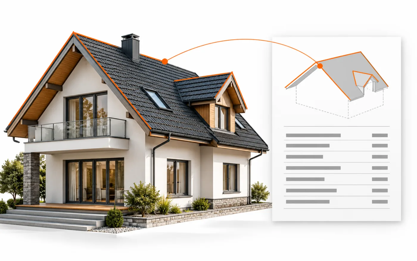 Illustration connecting a roof model to its exported measurement summary