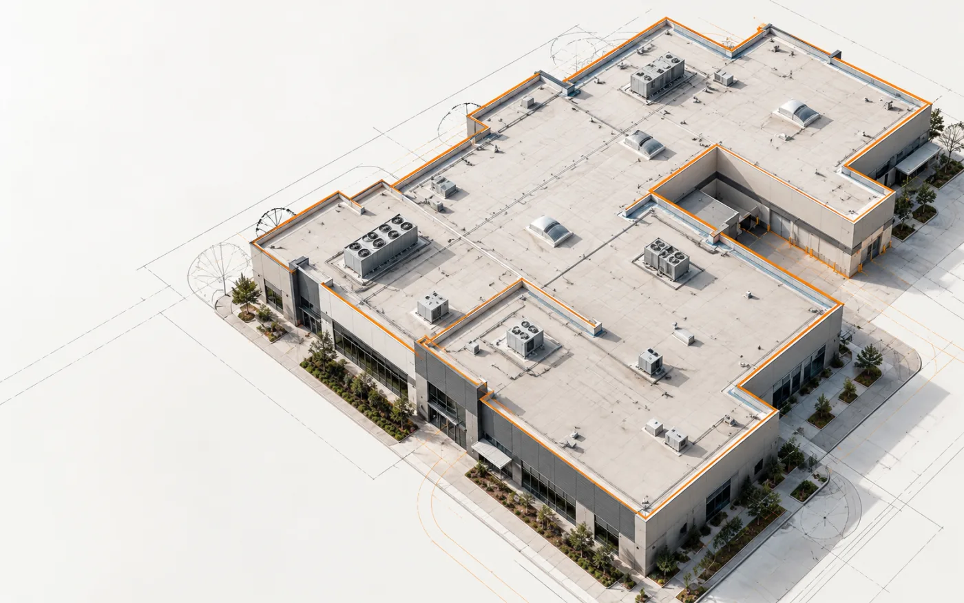 Illustration of a large commercial building with low-slope roof edges highlighted