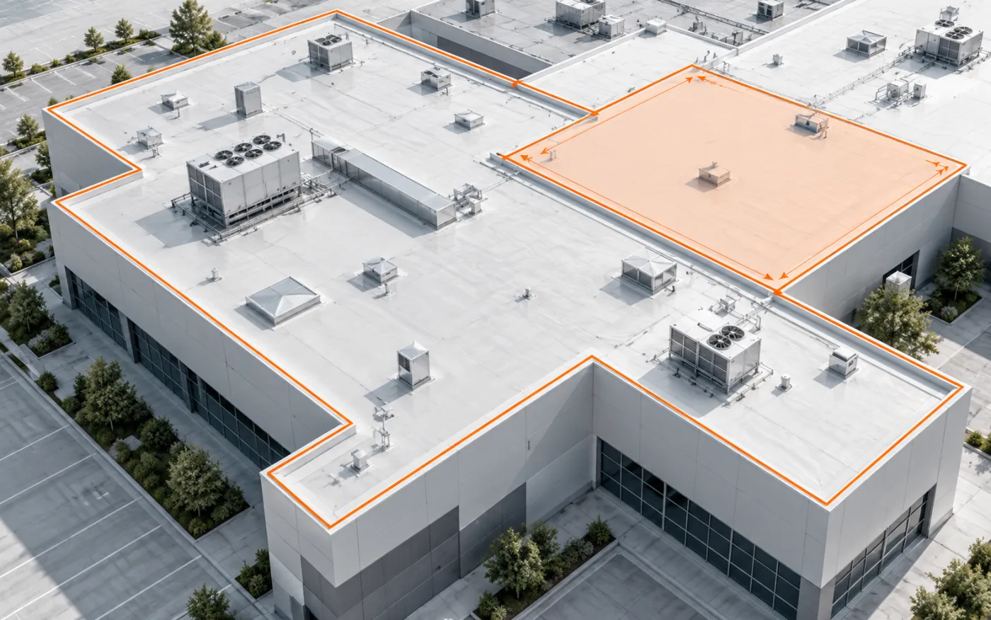 Illustration of a commercial building viewed in 3D from an elevated angle