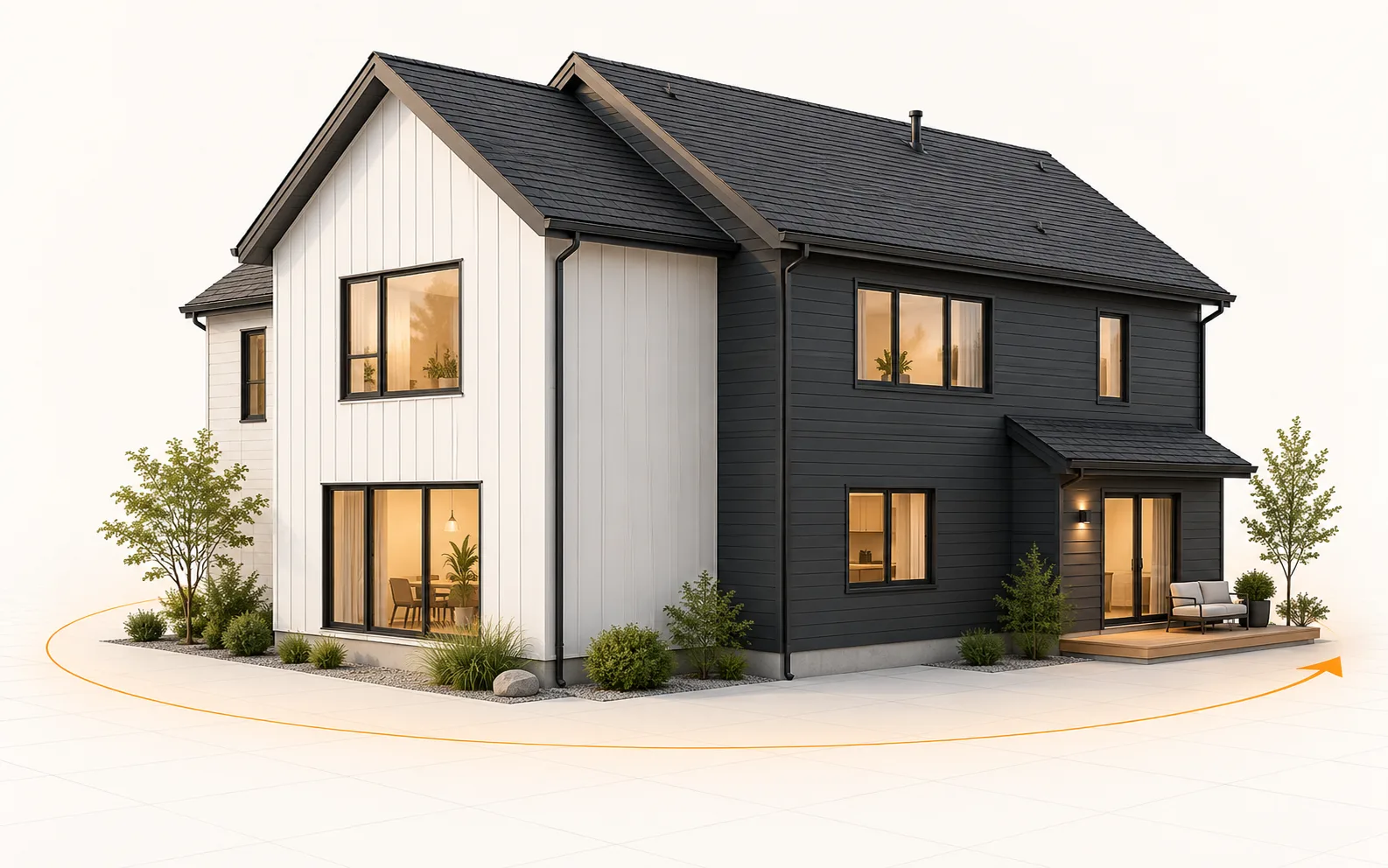 Illustrative 3D exterior showing two sides of a building