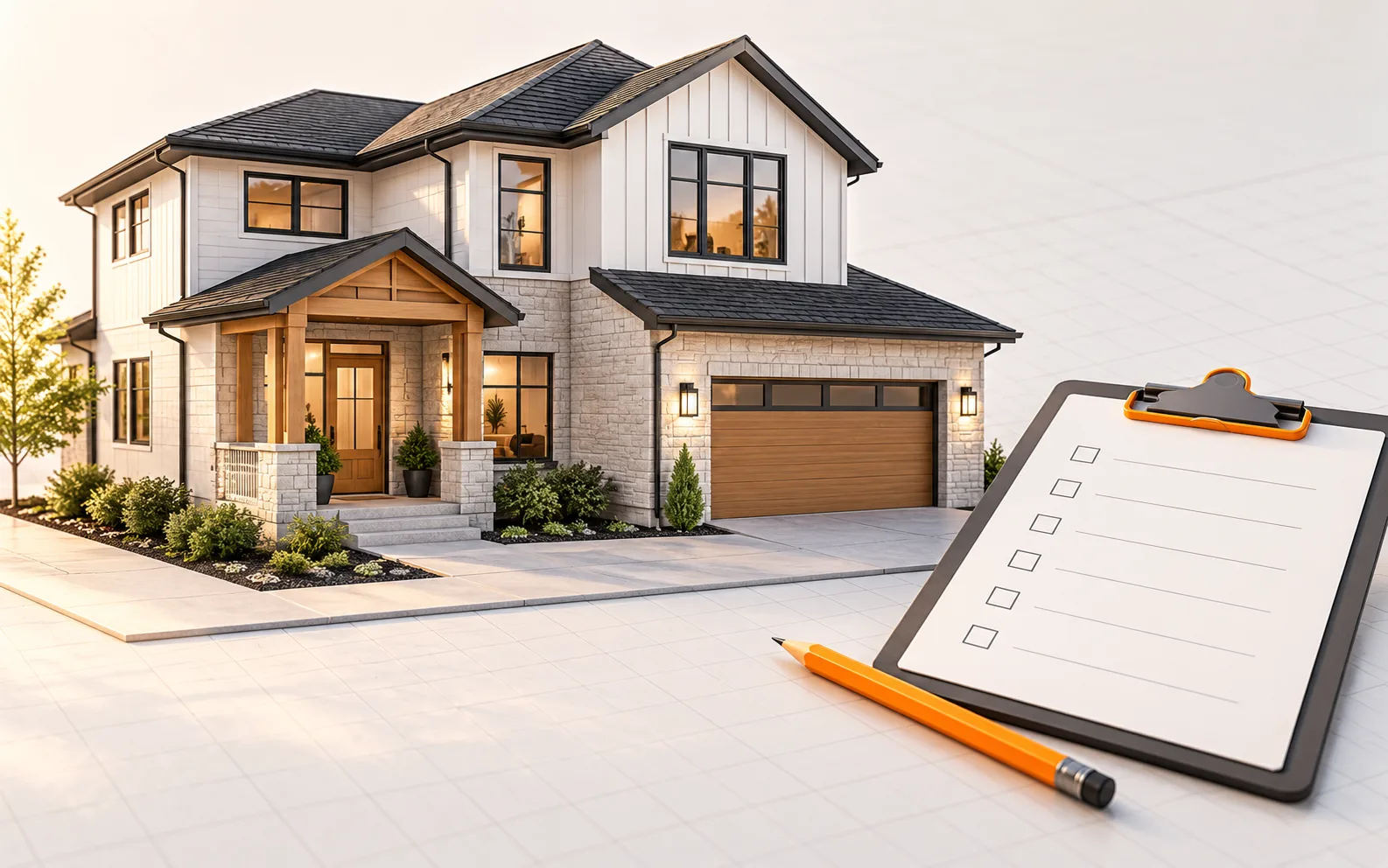 Illustrative building exterior beside a blank project-planning checklist