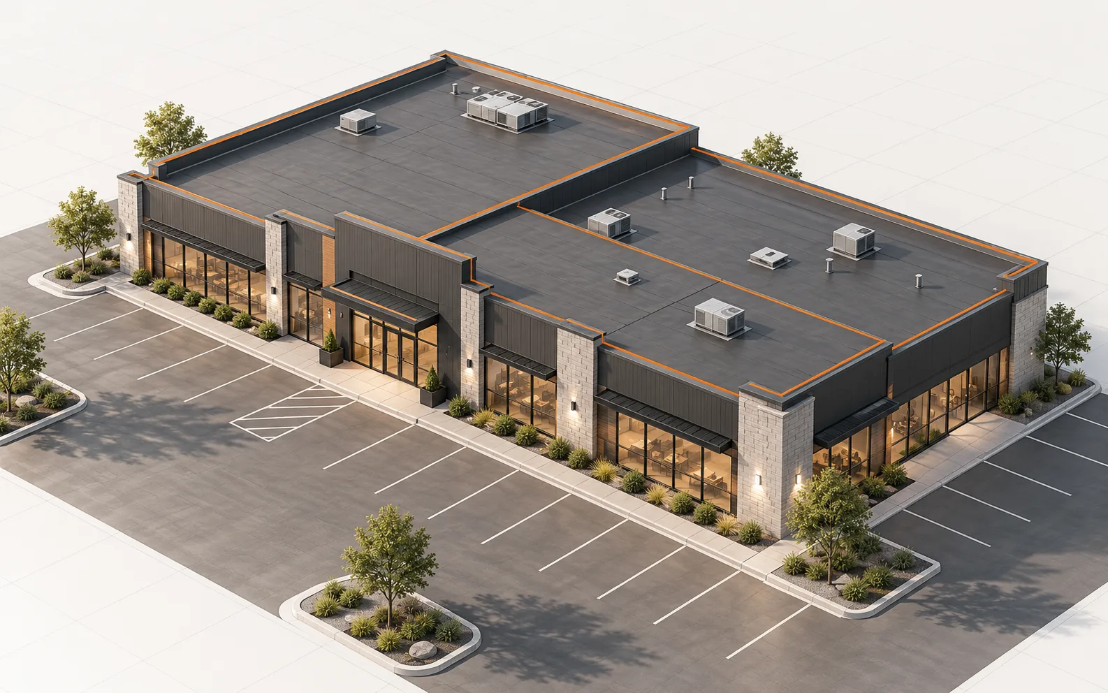 Illustrative low-slope commercial roof with highlighted roof sections