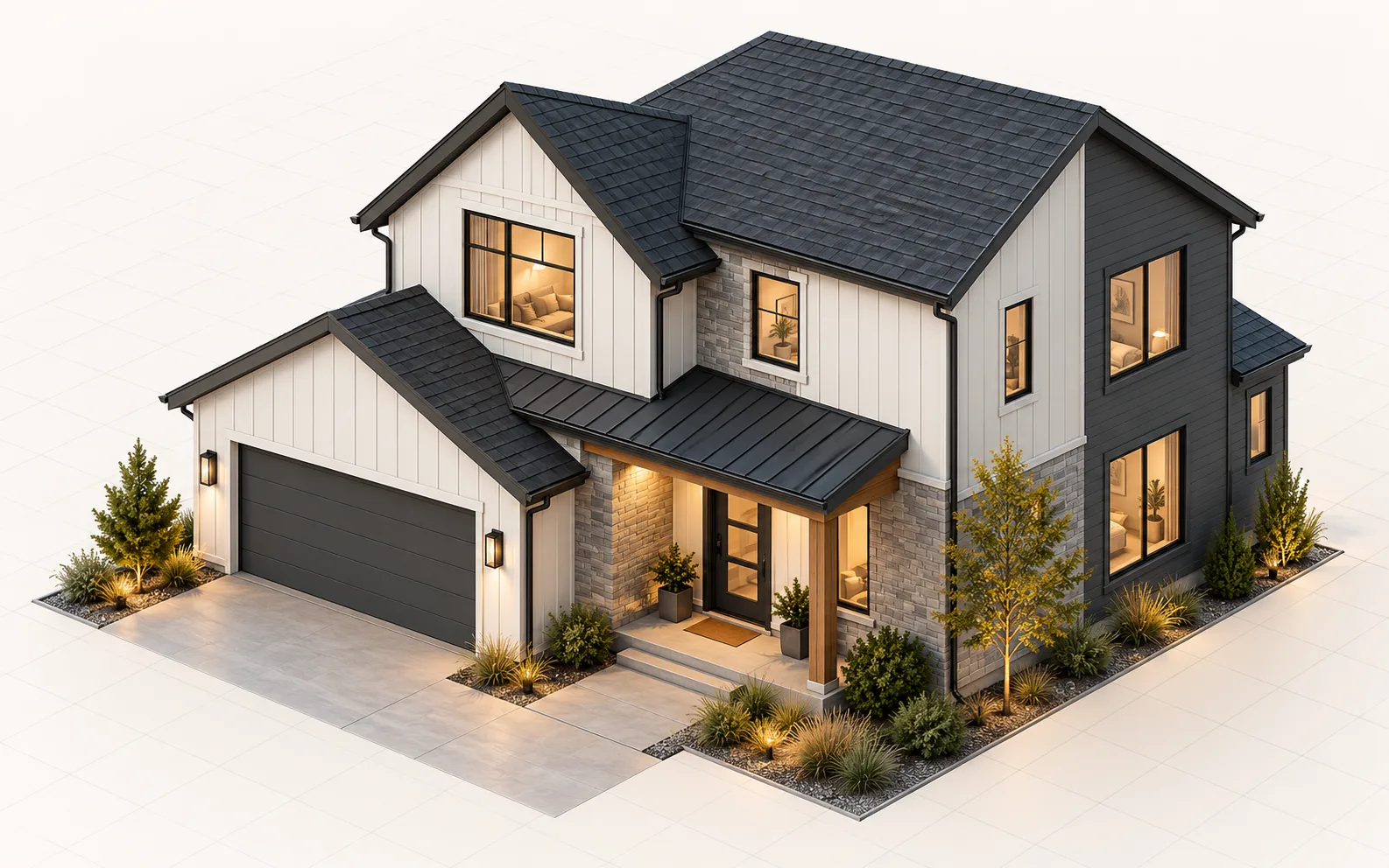 Illustrative 3D exterior showing walls, windows, and rooflines