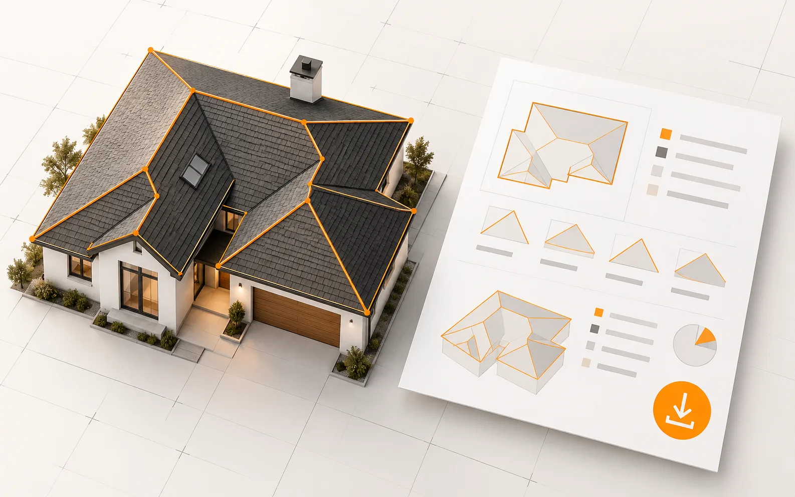 Illustrative roof model beside a measurement summary and download symbol