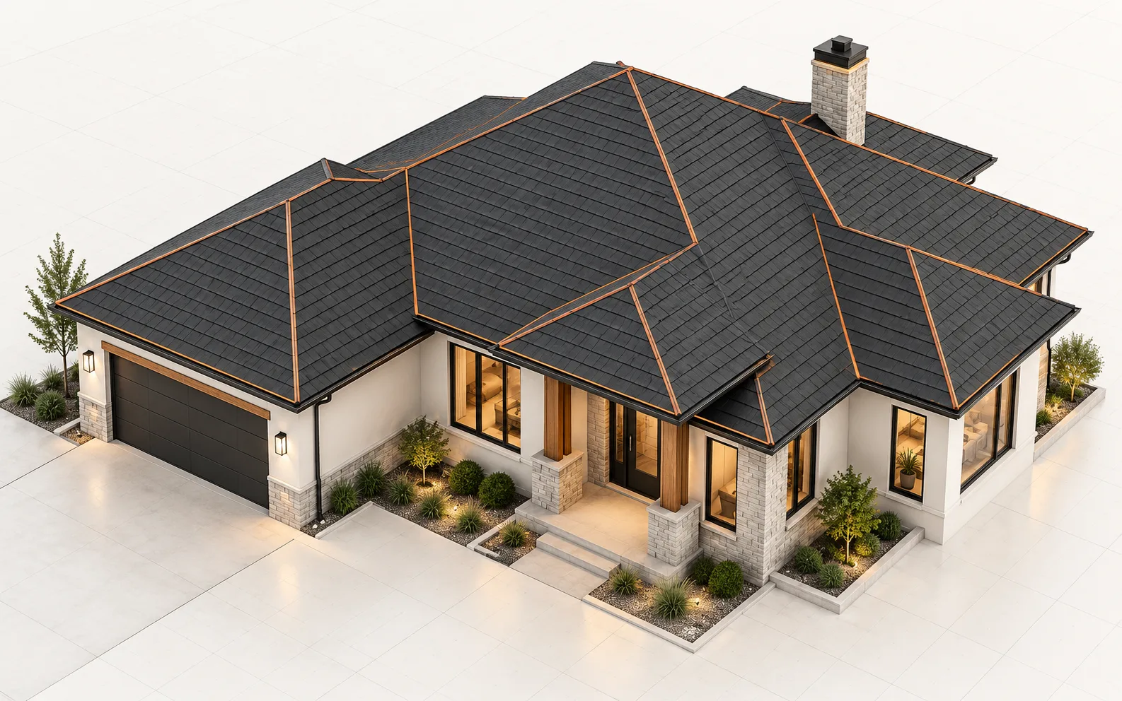 Illustrative 3D residential roof with highlighted planes and edges