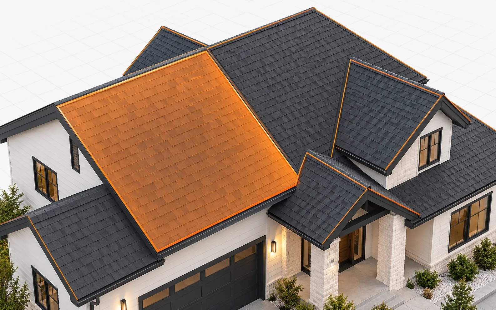 Illustrative 3D roof with one plane highlighted for inspection