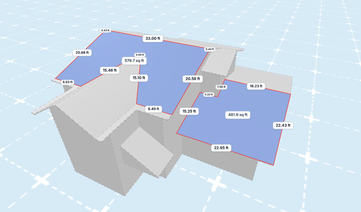 Opposite-side 3D building view with roof areas, edges, and dimensions labeled