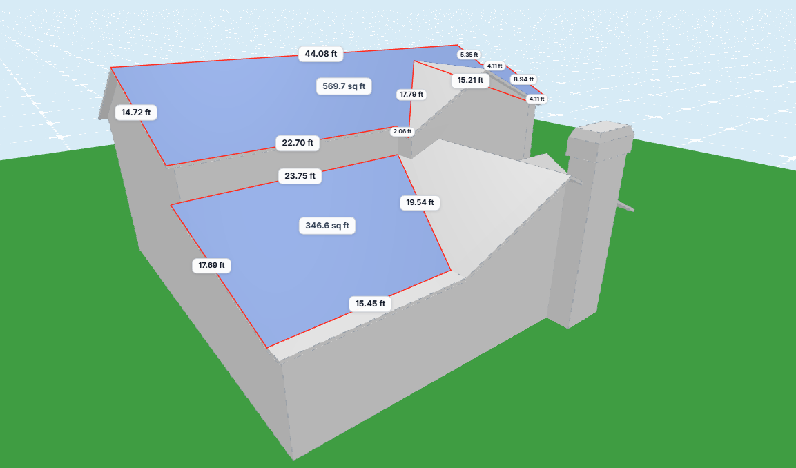 3D building model showing highlighted roof planes and measurement labels